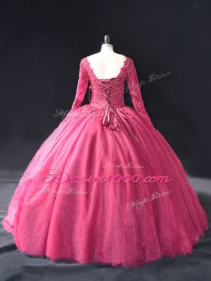 Vintage V-neck Long Sleeves Lace Up Quinceanera Dress Hot Pink Tulle