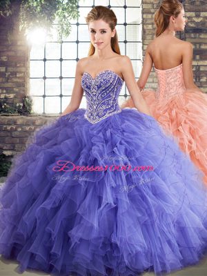 Floor Length Lavender Quinceanera Dress Tulle Sleeveless Beading and Ruffles