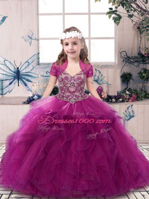 Fuchsia Sleeveless Tulle Lace Up Kids Pageant Dress for Party and Sweet 16 and Wedding Party