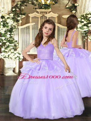 Sweet Floor Length Lace Up Little Girl Pageant Gowns Lavender for Party and Wedding Party with Beading