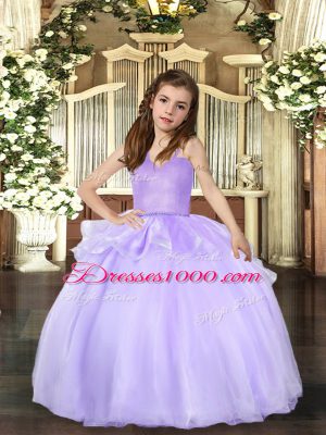 Sweet Floor Length Lace Up Little Girl Pageant Gowns Lavender for Party and Wedding Party with Beading