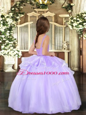 Sweet Floor Length Lace Up Little Girl Pageant Gowns Lavender for Party and Wedding Party with Beading