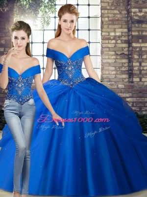 Sleeveless Tulle Brush Train Lace Up Quinceanera Gown in Royal Blue with Beading and Pick Ups