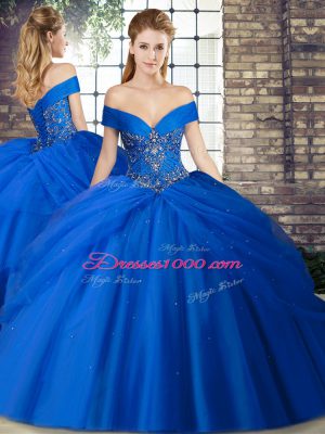 Sleeveless Tulle Brush Train Lace Up Quinceanera Gown in Royal Blue with Beading and Pick Ups