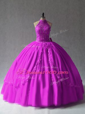Appliques Sweet 16 Quinceanera Dress Fuchsia Lace Up Sleeveless Floor Length