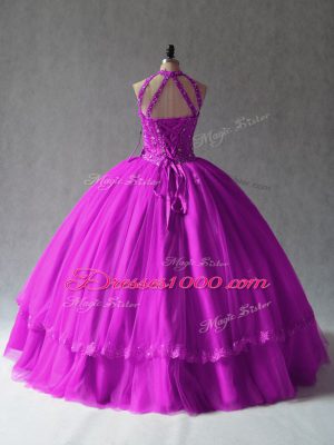 Appliques Sweet 16 Quinceanera Dress Fuchsia Lace Up Sleeveless Floor Length