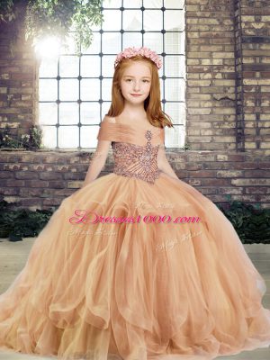Custom Fit Champagne Little Girls Pageant Dress Party and Wedding Party with Beading Straps Sleeveless Lace Up