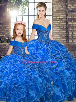 Smart Royal Blue Organza Lace Up Off The Shoulder Sleeveless Floor Length Sweet 16 Dress Beading and Ruffles