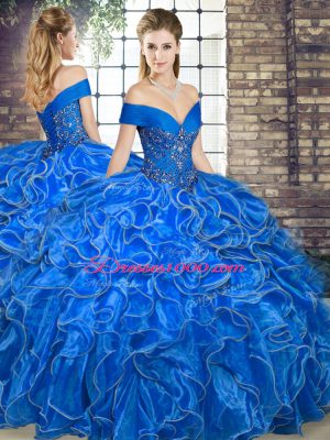 Smart Royal Blue Organza Lace Up Off The Shoulder Sleeveless Floor Length Sweet 16 Dress Beading and Ruffles