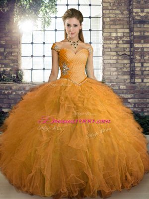 Eye-catching Orange Lace Up Off The Shoulder Beading and Ruffles Sweet 16 Dresses Tulle Sleeveless