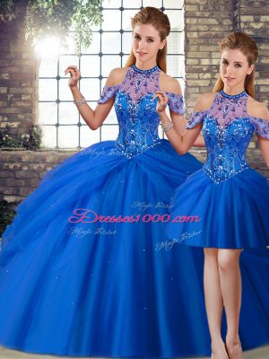 Glittering Halter Top Sleeveless Quinceanera Dresses Brush Train Beading and Pick Ups Blue Tulle