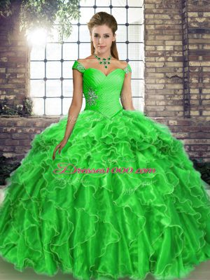 Pretty Green Quinceanera Gowns Organza Brush Train Sleeveless Beading and Ruffles