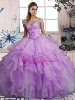 Sweet Lavender Off The Shoulder Lace Up Beading and Ruffles Quince Ball Gowns Sleeveless