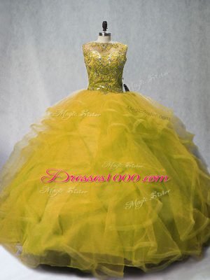 Chic Court Train Ball Gowns Sweet 16 Dress Olive Green Bateau Tulle Sleeveless Lace Up