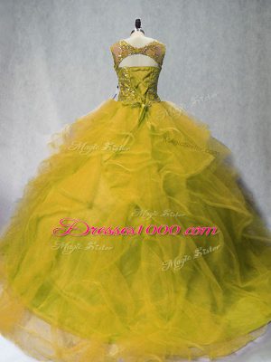 Chic Court Train Ball Gowns Sweet 16 Dress Olive Green Bateau Tulle Sleeveless Lace Up