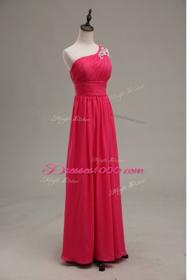 Hot Pink Zipper Dress for Prom Beading and Ruching Sleeveless Floor Length