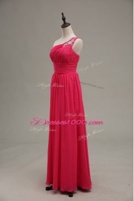 Hot Pink Zipper Dress for Prom Beading and Ruching Sleeveless Floor Length