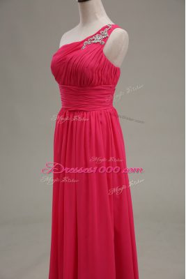 Hot Pink Zipper Dress for Prom Beading and Ruching Sleeveless Floor Length