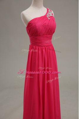 Hot Pink Zipper Dress for Prom Beading and Ruching Sleeveless Floor Length