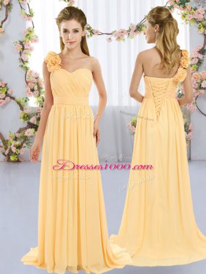 Exceptional Chiffon One Shoulder Sleeveless Brush Train Lace Up Hand Made Flower Wedding Party Dress in Gold