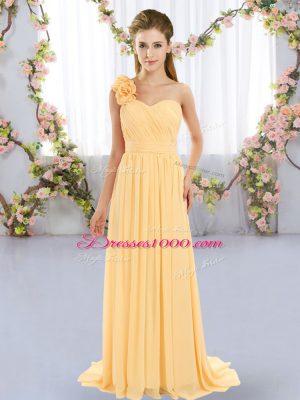 Exceptional Chiffon One Shoulder Sleeveless Brush Train Lace Up Hand Made Flower Wedding Party Dress in Gold