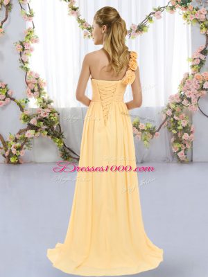 Exceptional Chiffon One Shoulder Sleeveless Brush Train Lace Up Hand Made Flower Wedding Party Dress in Gold