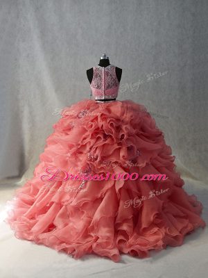 Fantastic Watermelon Red Organza Zipper Ball Gown Prom Dress Sleeveless Floor Length Brush Train Beading