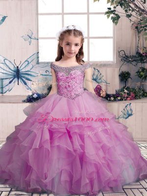 Lilac Lace Up Off The Shoulder Beading and Ruffles Pageant Gowns For Girls Organza Sleeveless