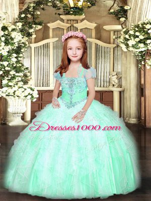 Apple Green Lace Up Straps Beading and Ruffles Little Girl Pageant Dress Tulle Sleeveless