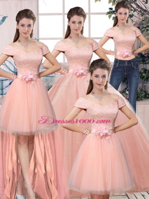 Popular Off The Shoulder Short Sleeves 15 Quinceanera Dress Floor Length Lace and Hand Made Flower Pink Tulle
