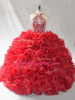 Red Ball Gowns Organza Halter Top Sleeveless Beading and Ruffles Lace Up Quinceanera Dress Brush Train