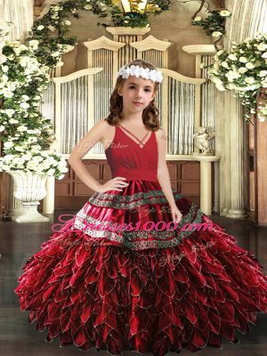 Red Organza Zipper V-neck Sleeveless Floor Length Party Dress Wholesale Appliques and Ruffles