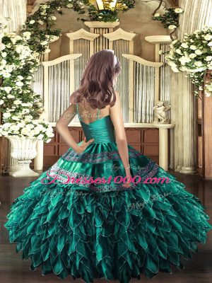 Red Organza Zipper V-neck Sleeveless Floor Length Party Dress Wholesale Appliques and Ruffles