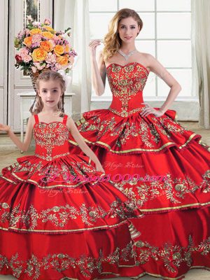 Custom Designed Red Sleeveless Embroidery and Ruffled Layers Floor Length Vestidos de Quinceanera