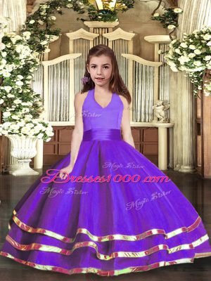 Floor Length Lace Up Casual Dresses Purple for Party and Wedding Party with Ruffled Layers