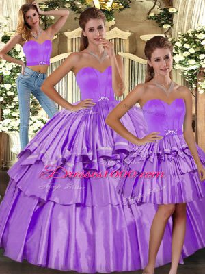 Lilac Taffeta Backless Sweetheart Sleeveless Floor Length 15th Birthday Dress Ruffled Layers