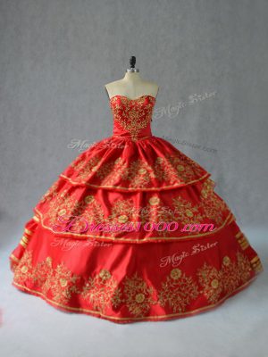 Stunning Embroidery and Ruffled Layers Quince Ball Gowns Red Lace Up Sleeveless Floor Length