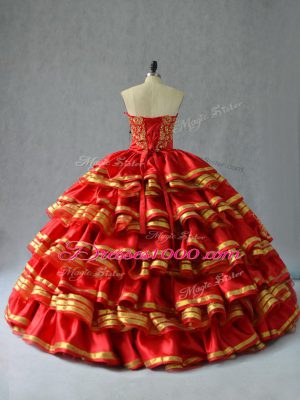 Stunning Embroidery and Ruffled Layers Quince Ball Gowns Red Lace Up Sleeveless Floor Length