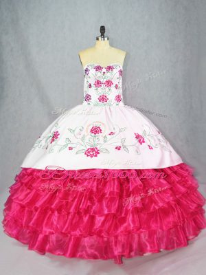 Hot Pink Ball Gowns Satin and Organza Sweetheart Sleeveless Embroidery and Ruffled Layers Lace Up Ball Gown Prom Dress