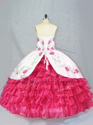 Hot Pink Ball Gowns Satin and Organza Sweetheart Sleeveless Embroidery and Ruffled Layers Lace Up Ball Gown Prom Dress