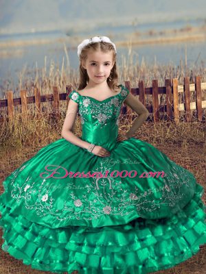 Inexpensive Satin and Organza Off The Shoulder Sleeveless Lace Up Embroidery and Ruffled Layers Little Girls Pageant Dress in Turquoise