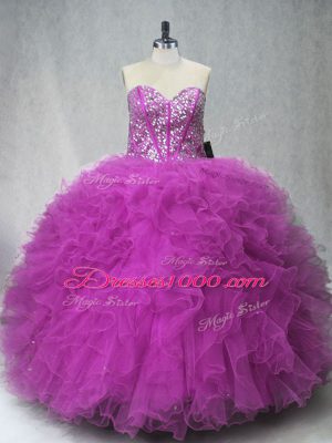 Designer Floor Length Lace Up Sweet 16 Quinceanera Dress Fuchsia for Sweet 16 and Quinceanera with Beading and Ruffles