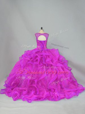 Hot Selling Fuchsia Lace Up Scoop Beading 15 Quinceanera Dress Organza Sleeveless Brush Train