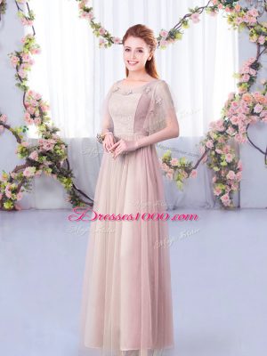 Vintage Floor Length Side Zipper Wedding Party Dress Pink for Wedding Party with Lace and Belt