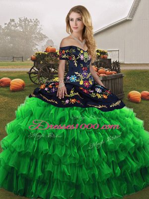 Superior Green Organza Lace Up Sweet 16 Dresses Sleeveless Floor Length Embroidery and Ruffled Layers