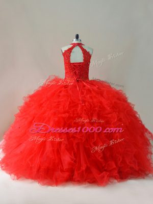 Pretty Sleeveless Tulle Floor Length Lace Up Quince Ball Gowns in Red with Beading and Ruffles