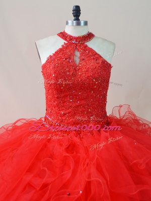 Pretty Sleeveless Tulle Floor Length Lace Up Quince Ball Gowns in Red with Beading and Ruffles