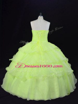 New Arrival Organza Sweetheart Sleeveless Lace Up Ruffles and Hand Made Flower Quinceanera Dresses in Yellow Green