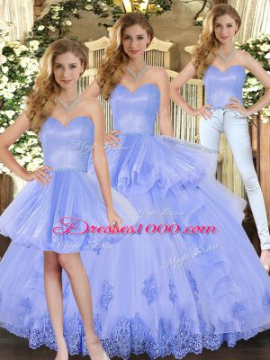 Sophisticated Sweetheart Sleeveless Quinceanera Gown Floor Length Appliques and Ruffles Lavender Tulle