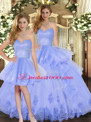 Sophisticated Sweetheart Sleeveless Quinceanera Gown Floor Length Appliques and Ruffles Lavender Tulle